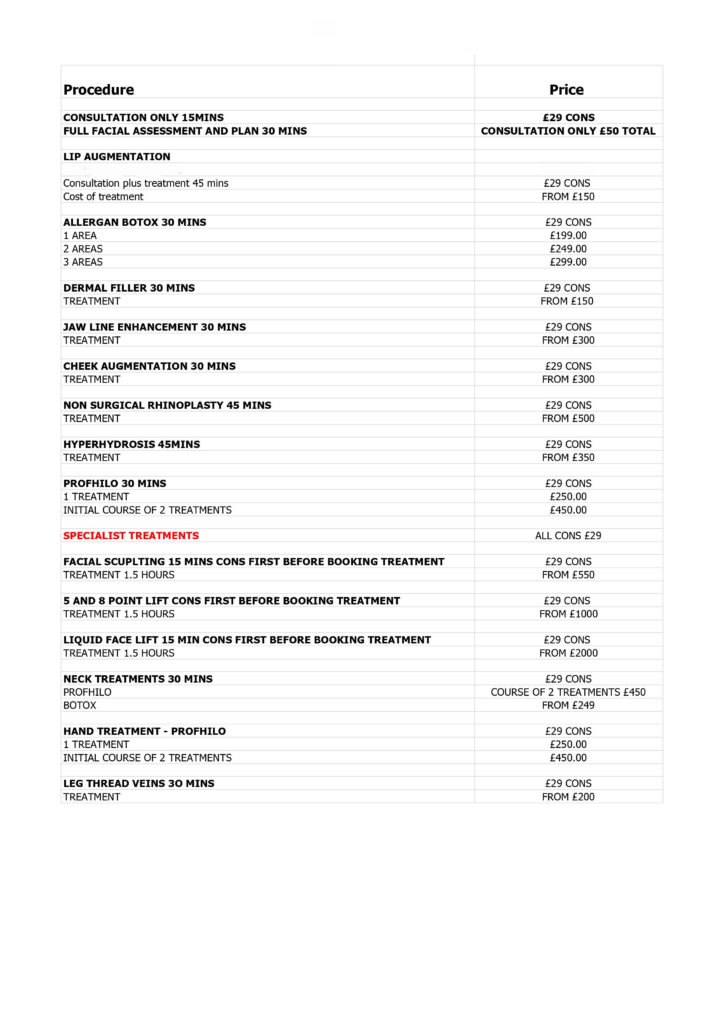 Non Surgical Price List New Birkdale Clinic